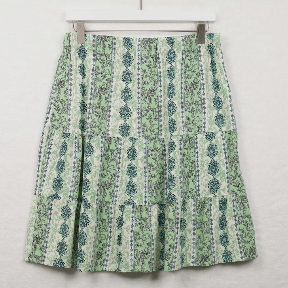 J JILL Floral Tiered Mini Skirt Tassel Drawstring‎ Boho Green Sz S